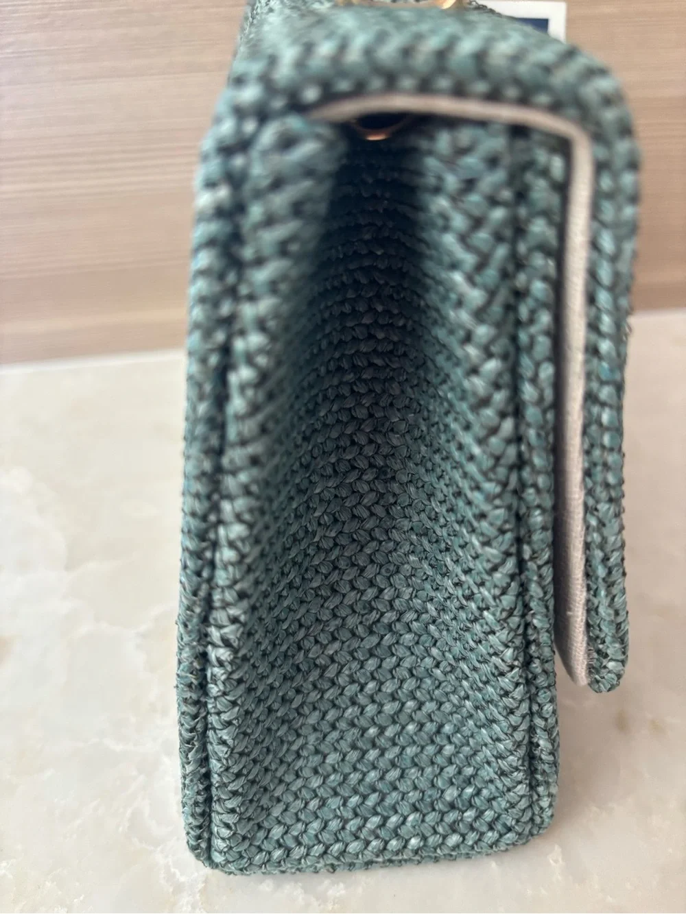 NWT Savannah seafoam blue green Woven Handbag/crossbody with Bamboo Handle